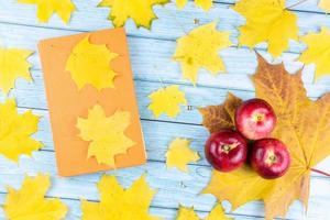 pommes rouges et un vieux livre avec des feuilles d'érable photo