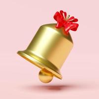 clochette de couleur dorée et icône d'arc rouge isolées sur fond rose. concept noël et nouvel an festif, illustration 3d ou rendu 3d, chemin de détourage photo