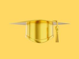 chapeau de diplômé. panneau de mortier pour un étudiant dans une université, une école, un collège. rendu 3d. icône or réaliste sur fond jaune photo