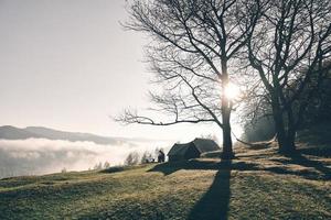 quitter le matin. jeune homme assis près de la tente en camping dans les montagnes photo