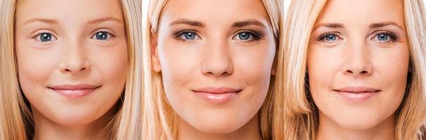 processus de vieillissement. composition de trois images avec des femmes aux cheveux blonds d'âges différents regardant la caméra et souriant photo