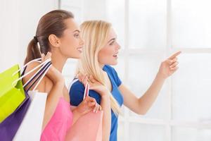 hé, il suffit de regarder ces deux belles jeunes femmes en robes tenant des sacs à provisions et pointant vers l'extérieur photo