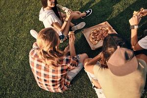 rien que de bons amis. vue de dessus de jeunes gens souriants en tenue décontractée appréciant la pizza et la bière tout en étant assis sur l'herbe à l'extérieur photo