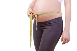 mesurer son ventre de femme enceinte. image recadrée d'une femme enceinte mesurant son ventre de femme enceinte en se tenant debout isolé sur blanc
