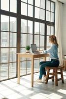 belle jeune femme en tenue décontractée intelligente à l'aide d'un ordinateur portable assis devant la fenêtre photo