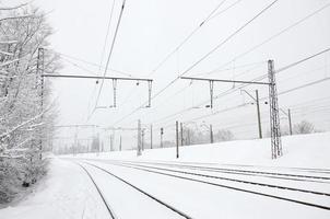 paysage ferroviaire d'hiver, voies ferrées dans le pays industriel enneigé photo