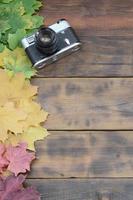 l'ancien appareil photo parmi un ensemble de feuilles d'automne tombées jaunissantes sur une surface de fond de planches en bois naturel de couleur marron foncé