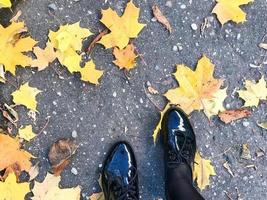 pieds dans de belles chaussures brillantes lisses en cuir noir sur des feuilles d'automne naturelles de couleur jaune et rouge, marron sur le trottoir photo