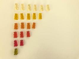 les ours gommeux se trouvent sur un fond orange mat. les oursons gommeux sont disposés dans des couleurs allant du transparent au vert foncé. horaire décroissant. statistiques pour adultes et enfants photo