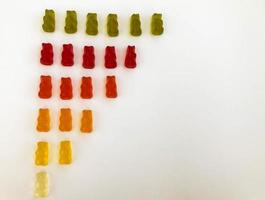 les ours gommeux se trouvent sur un fond blanc mat. les oursons gommeux sont disposés dans des couleurs allant du vert foncé au transparent. le graphique est décroissant. statistiques visuelles avec l'image de bonbons photo