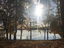 paysage d'automne magnifique avec des arbres et des feuilles jaunes sur le lac contre le ciel bleu par une journée ensoleillée photo