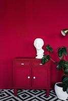 intérieur élégant de la pièce aux murs écarlates, une commode rouge, une sculpture de tête féminine, une plante ficus dans un vase blanc. un espace moderne avec des accessoires design. décoration de maison. photo