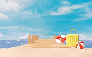 voyage d'été 3d avec pont en bois menant à la mer par une journée ensoleillée, valise, balle, bouée de sauvetage, plage de la mer, fond de paysage de ciel bleu. illustration de rendu 3d photo
