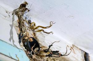 ancien câblage électrique dans la maison, murs en bois dans la maison, remplacement des câbles électriques. photo