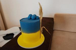 célébrant le gâteau d'anniversaire avec le drapeau de l'ukraine. photo