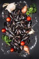 Moules crues aux tomates et épices sur fond d'ardoise sombre photo