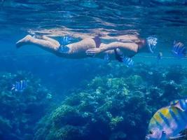 femme plongée en apnée dans l'eau claire en vacances photo