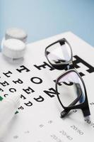 lunettes avec lentilles de contact, gouttes et tableau de test oculaire d'un optométriste sur fond bleu. photo