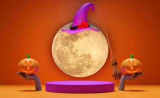 Podium de scène de cylindre 3d, main d'un mort-vivant tenant une fête de citrouille avec pleine lune, chapeau de sorcière, balai isolé sur fond orange. marketing shopping, concept de nouvelles de promotion, illustration de rendu 3d photo