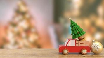 l'arbre de noël dans un camion en bois sur une table en bois rendu 3d photo