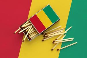 le drapeau de la guinée est affiché sur une boîte d'allumettes ouverte, d'où tombent plusieurs allumettes et repose sur un grand drapeau photo