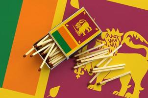 le drapeau du sri lanka est affiché sur une boîte d'allumettes ouverte, à partir de laquelle plusieurs matchs tombent et se trouve sur un grand drapeau photo
