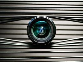 un gros plan d'un objectif de caméra sur des bandes de plastique élastiques créant un œil photo
