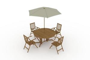 rendu 3d d'une table ronde en bois avec des chaises et un parapluie, une table 3d pour un restaurant, un café, une boutique, une table de nourriture, un tableau de nourriture, une configuration extérieure sur fond blanc isolé, photo