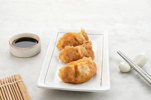 gyoza, boulette frite avec du poulet juteux et du chou. servi en assiette blanche avec sauce soja photo