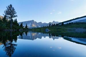 reflet de la montagne sur l'eau, image miroir des montagnes dans l'eau photo