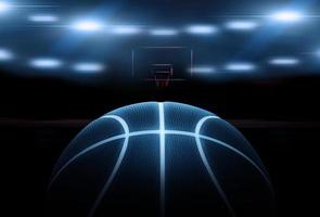 Rendu 3d d'un seul ballon de basket noir avec des lignes de néon bleues brillantes sous des projecteurs illuminés. rendu 3D photo