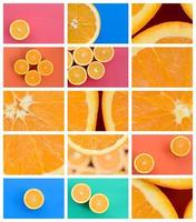 un collage de nombreuses photos avec des oranges juteuses. ensemble d'images avec des fruits sur des arrière-plans de différentes couleurs