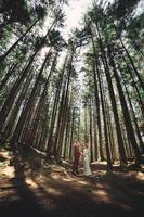 heureux couple élégant jeunes mariés dans la forêt verte le jour de l'été. la mariée en longue robe blanche et le marié en costume rouge s'étreignent. Jour de mariage. photo