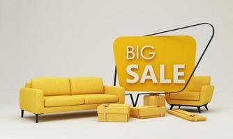 modèle de bannière de vente flash offre spéciale concept de réduction vente de décorations pour la maison et de meubles pendant les promotions. entouré de fauteuils et d'espaces publicitaires. fond pastel. rendu 3D photo