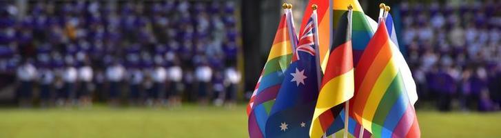 drapeaux arc-en-ciel et drapeaux de nombreux pays devant la pelouse verte de l'école asiatique, concept pour la célébration des sexes lgbtq dans le mois de la fierté à travers le monde, mise au point douce et sélective. photo