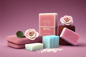 articles de traitement de beauté à la rose pour les procédures de spa huiles essentielles, savon et sel marin. photo