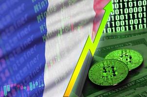 Tendance croissante du drapeau français et de la crypto-monnaie avec deux bitcoins sur des billets d'un dollar et un affichage de code binaire photo