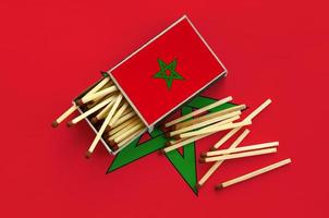 le drapeau du maroc est affiché sur une boîte d'allumettes ouverte, d'où tombent plusieurs allumettes et repose sur un grand drapeau photo