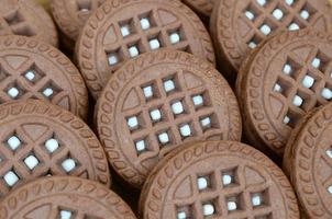 image détaillée de biscuits sandwich ronds brun foncé avec garniture à la noix de coco en gros plan. image de fond de plusieurs friandises pour le thé photo