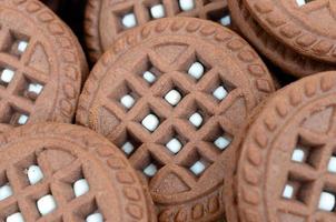 image détaillée de biscuits sandwich ronds brun foncé avec garniture à la noix de coco en gros plan. image de fond de plusieurs friandises pour le thé photo