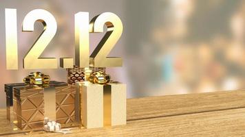 l'or 12.12 et coffret cadeau sur table en bois pour une journée de shopping ou un rendu 3d de marketing promotionnel photo