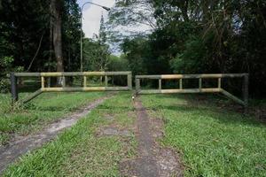 clôture de barrière jaune noire verrouillée, le concept de ne pas entrer dans la zone forestière sans autorisation photo