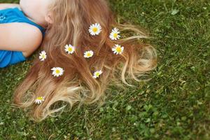 cheveux rouges sains sur un fond d'herbe verte avec des fleurs de camomille photo