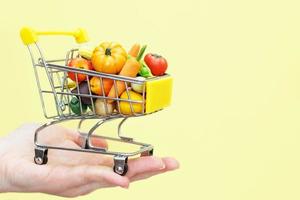 panier avec fruits et légumes sur la main des personnes sur fond jaune. concept de magasinage sur internet de livraison de nourriture photo