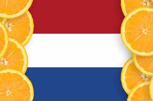 drapeau néerlandais dans le cadre vertical de tranches d'agrumes photo