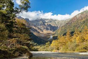 beau fond du centre du parc national de kamikochi par des montagnes enneigées, des rochers et des rivières azusa depuis des collines couvertes de feuilles qui changent de couleur pendant la saison du feuillage d'automne.