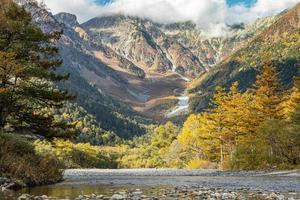 beau fond du centre du parc national de kamikochi par des montagnes enneigées, des rochers et des rivières azusa depuis des collines couvertes de feuilles qui changent de couleur pendant la saison du feuillage d'automne.