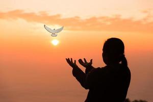 silhouette de main de femme priant la spiritualité et la religion, culte féminin à dieu. bannière avec espace de copie. les religieux sont humbles devant Dieu. les chrétiens ont l'espoir la foi et la foi en dieu. photo