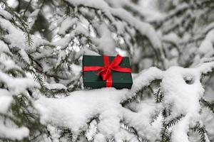 cadeau dans une boîte verte avec ruban rouge sur l'épinette enneigée dans la forêt d'hiver fond de noël et vacances du nouvel an photo