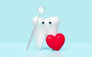 Icône de modèle de dents molaires dentaires 3d avec miroir de dentiste, coeur rouge isolé sur fond bleu. santé des dents blanches, examen dentaire du dentiste, illustration de rendu 3d photo